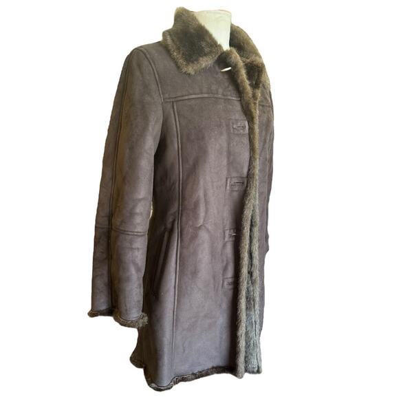 Women's Brown Suede and Faux Fur Lined Pea Coat Jacket by PLATINUM - Picture 3 of 9